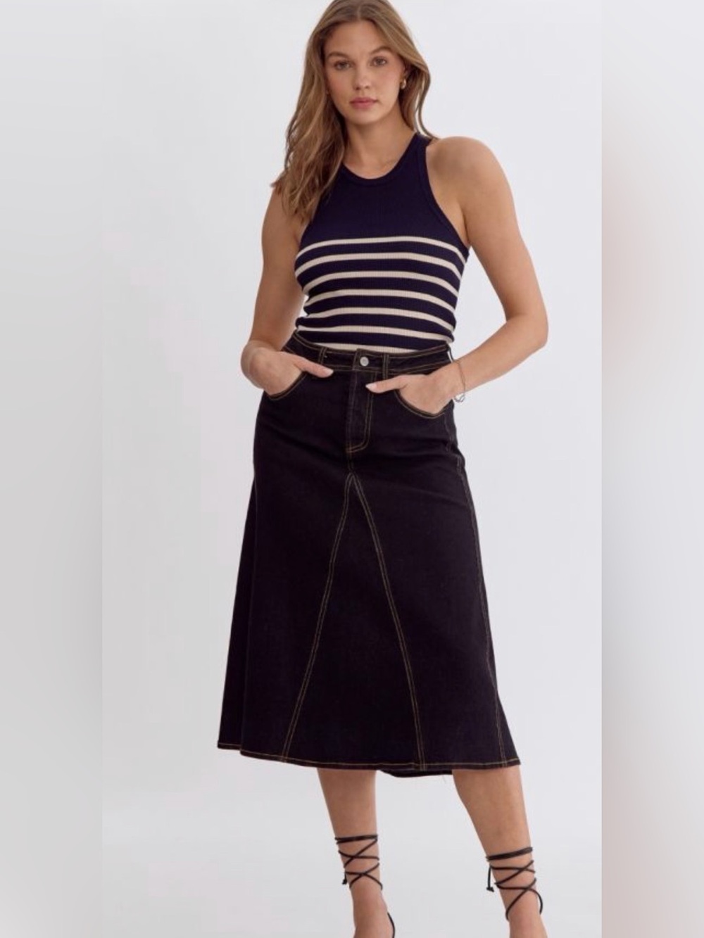 entro Black A-Line Midi Skirt with Contrast Stitching
